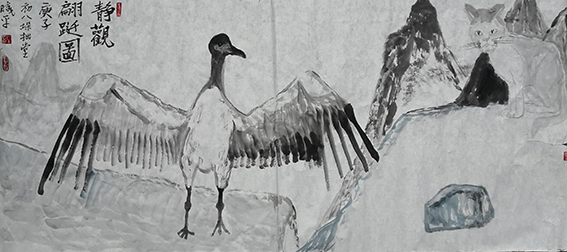 牟晓平作品11《静观蹁跹图（黑颈鹤）》 规格：68X146cm 创作时间：庚子（2020年）